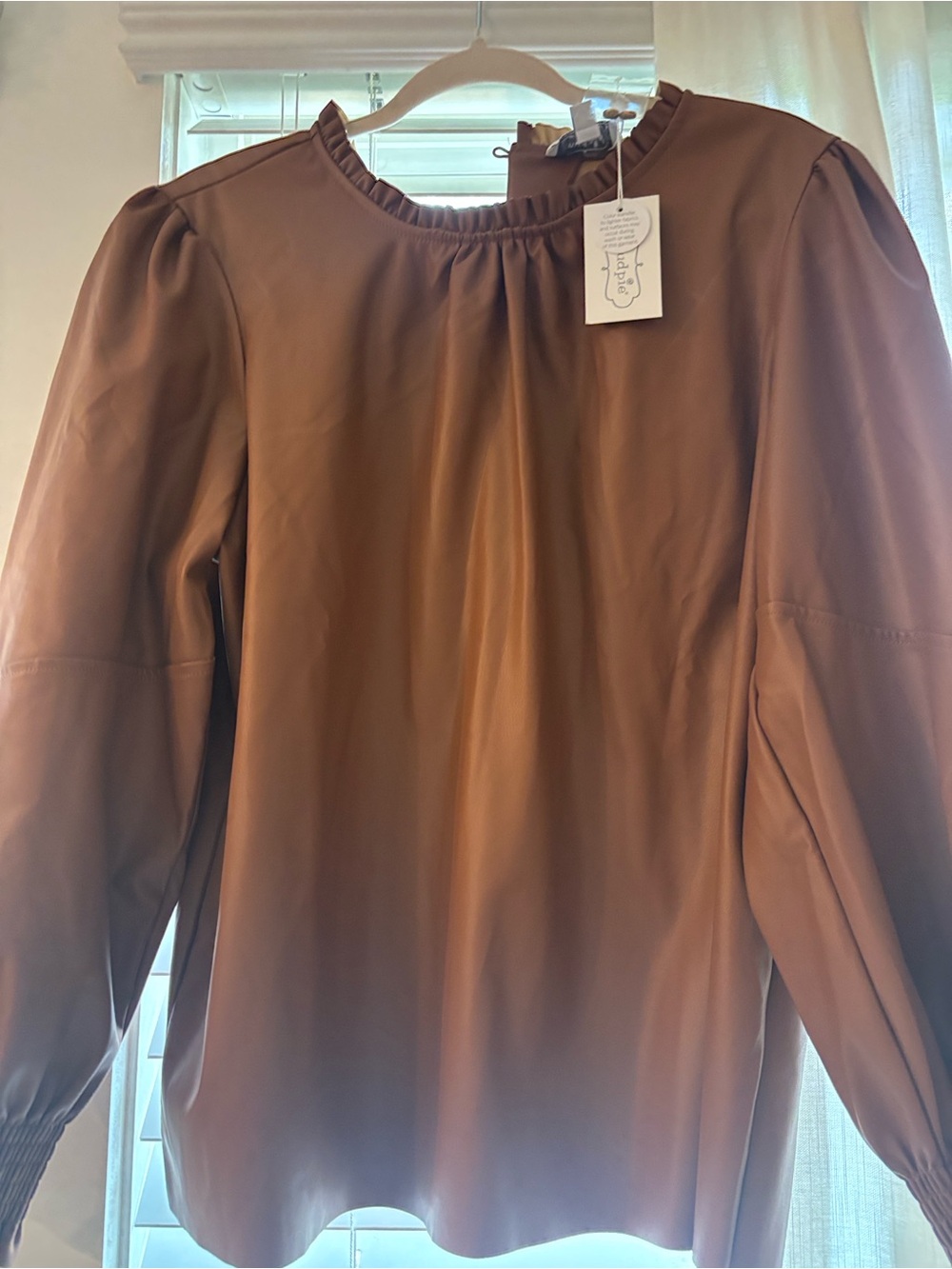 Mud Pie Tan Faux Leather Top with Smocked Neckline
